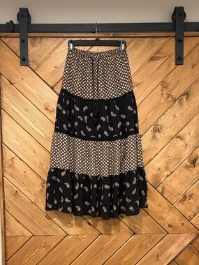 Black and Cream Paisley Tiered Maxi Skirt Solitaire by Ravi Kholsa Boho Small